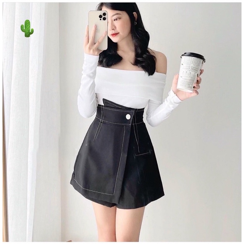 set Áo thun gân len lệch vai kèm chân váy tennis chỉ nổi hottrend 4 màu p877