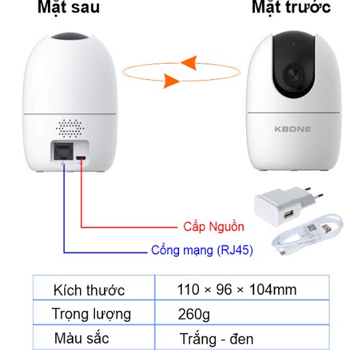 Camera IP Wifi KBONE KN-H21PA 2.0MP, Xoay 360 Độ, Phát Hiện Chuyển Động, Hồng Ngoại Thông Minh