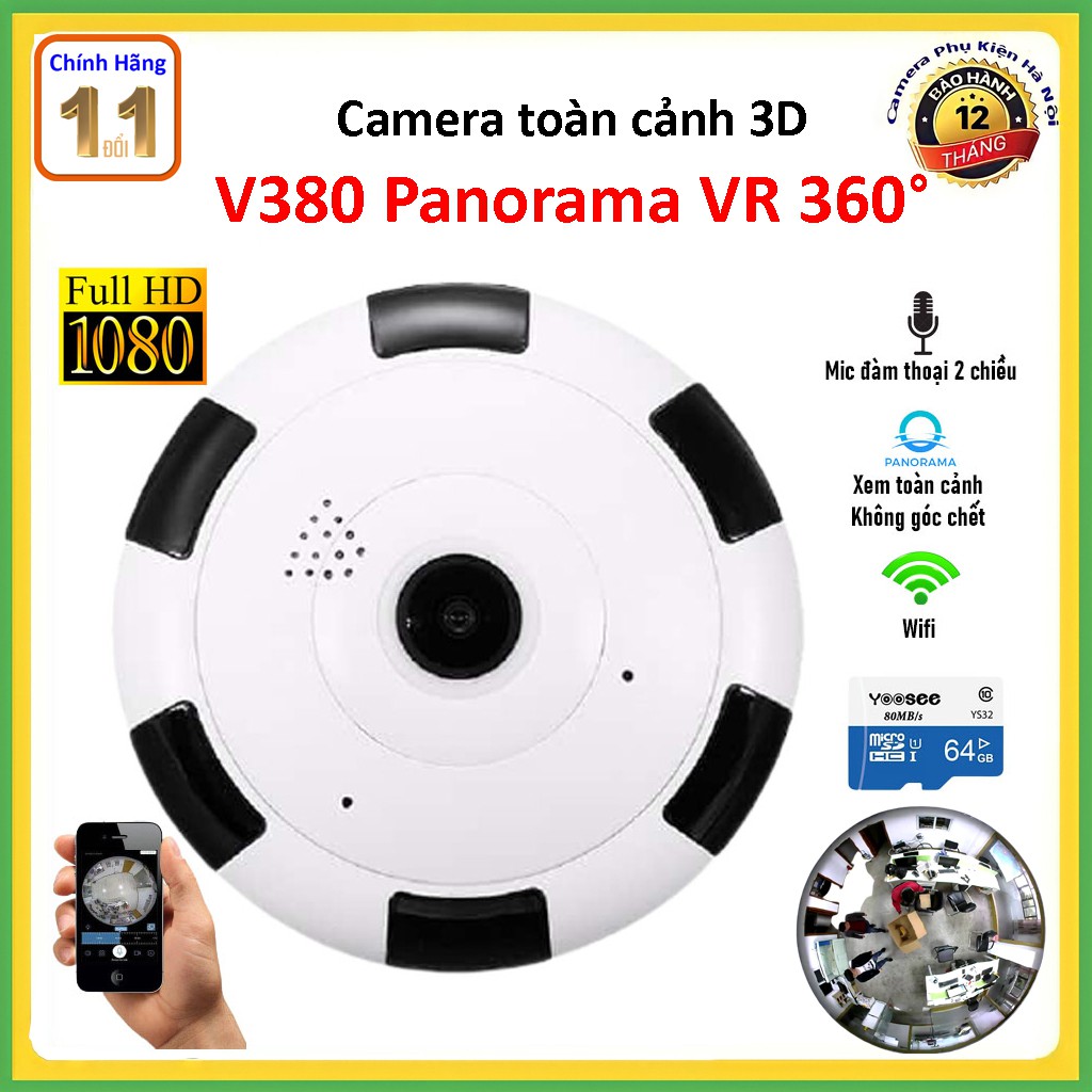 Camera ốp trần V380 Panoramic VR 360° Full HD Góc Quay Siêu Rộng - Camera IP wifi 360 - Xem toàn cảnh không góc chết