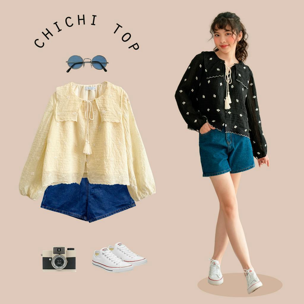 BLEUBIRD Áo tơ thêu hoa buộc dây Chichi Top