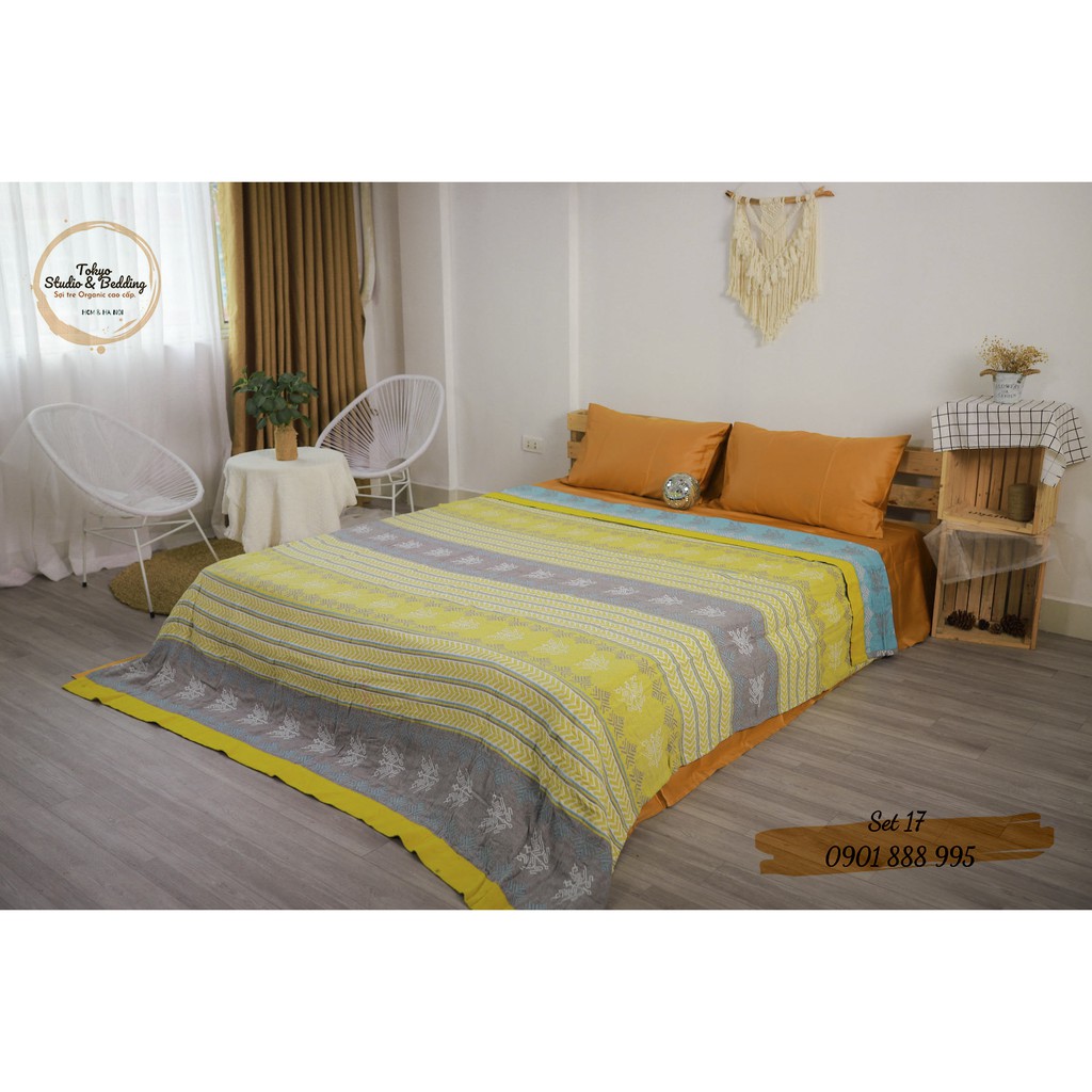 Set 17 _ Chăn Xô Cotton Sợi tre Organic dòng Basic &amp; Ga gối Lụa