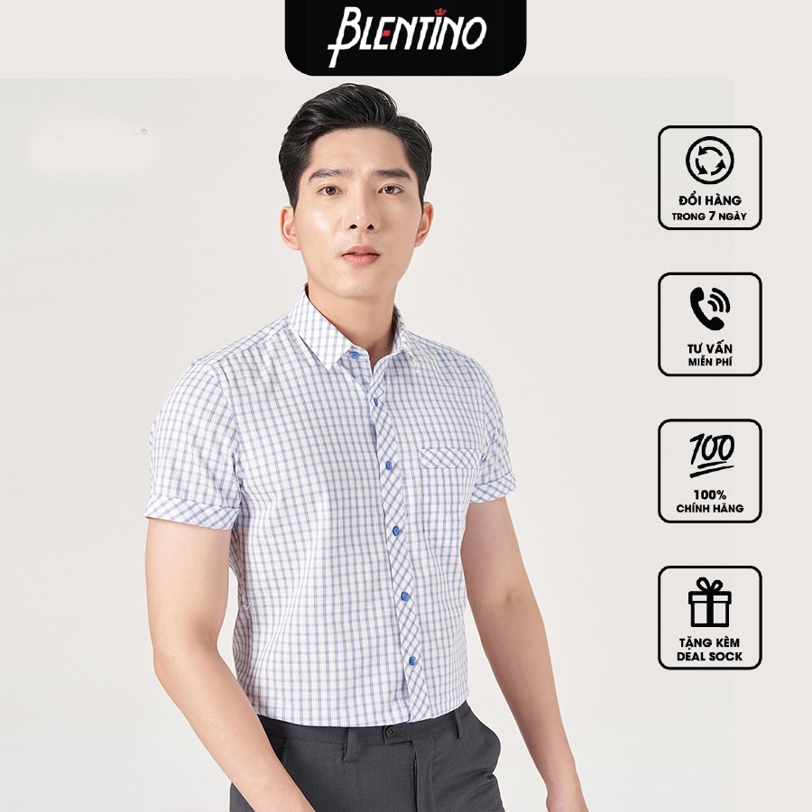 Blentino áo sơ mi kẻ sọc xanh ngắn tay trẻ trung cotton BCV11(2)