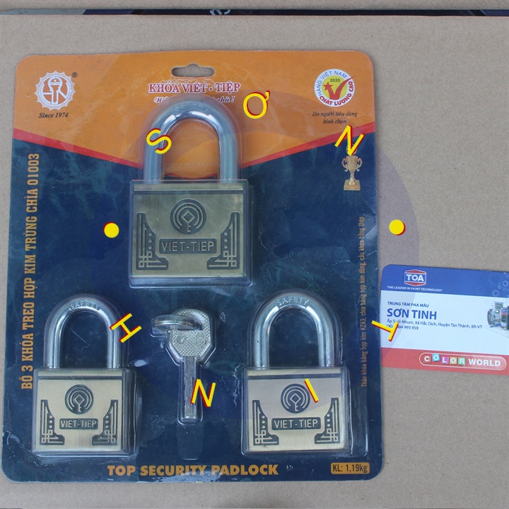 Ổ khóa treo Việt Tiệp hợp kim trùng chìa 01003 (bao gồm 3 sản phẩm 01505, 01605, 01405) sử dụng chung một bộ chìa