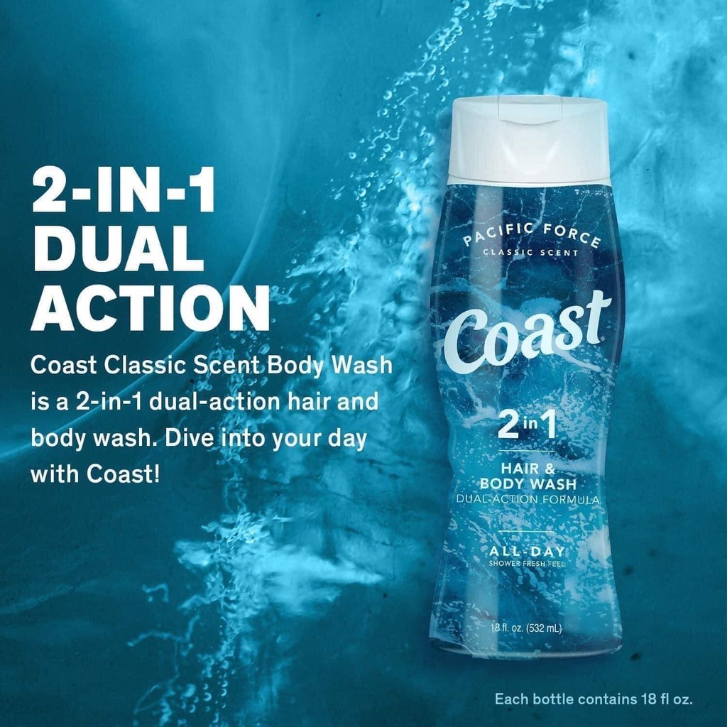 Tắm gội 2 trong 1 Coast Hair & Body Dual Action Formula Wash 946ml