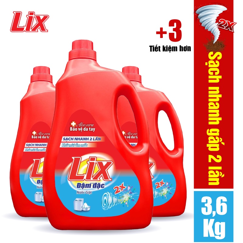 Combo 3 Chai nước giặt Lix đậm đặc hương hoa 3.6Kg - Tẩy sạch cực mạnh vết bẩn - 3C-NG360