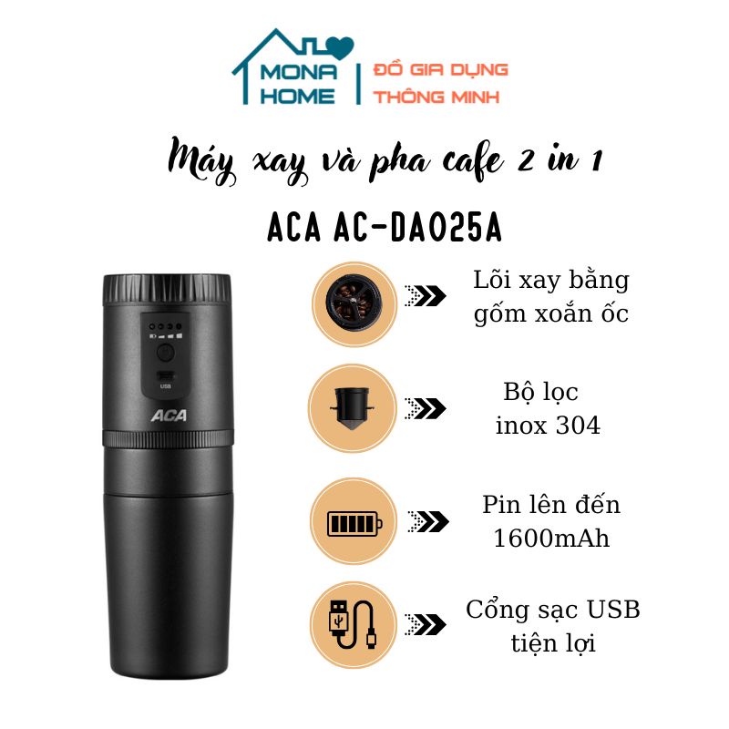 Máy xay và pha cà phê 2 trong 1 ACA AC-DA025A, có cổng sạc USB , pin lên đến 1600mAh,xay thô hoặc xay mịn tùy chỉnh