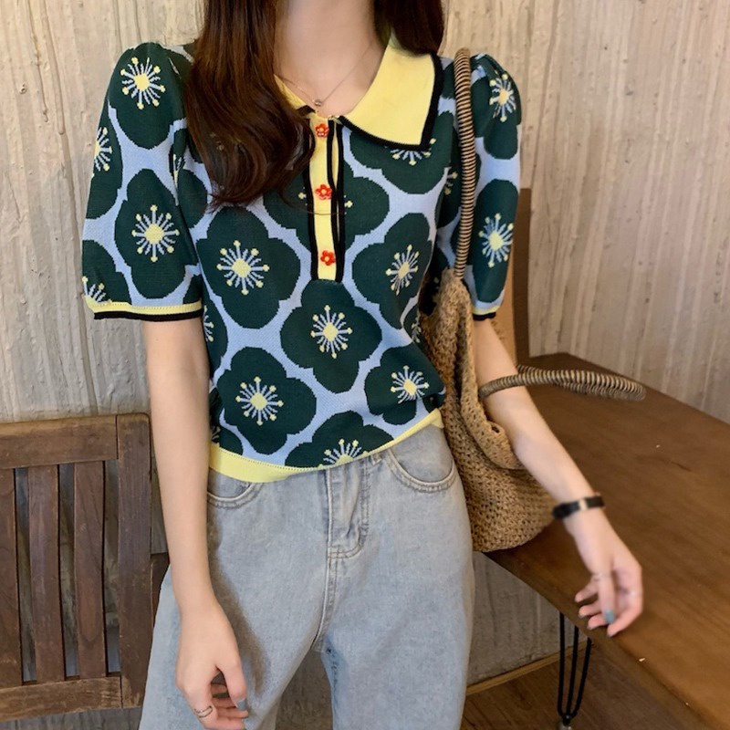 Áo Croptop Dệt Kim Tay Phồng Phong Cách Retro Thời Trang Mùa Hè Hàn Quốc Cho Nữ