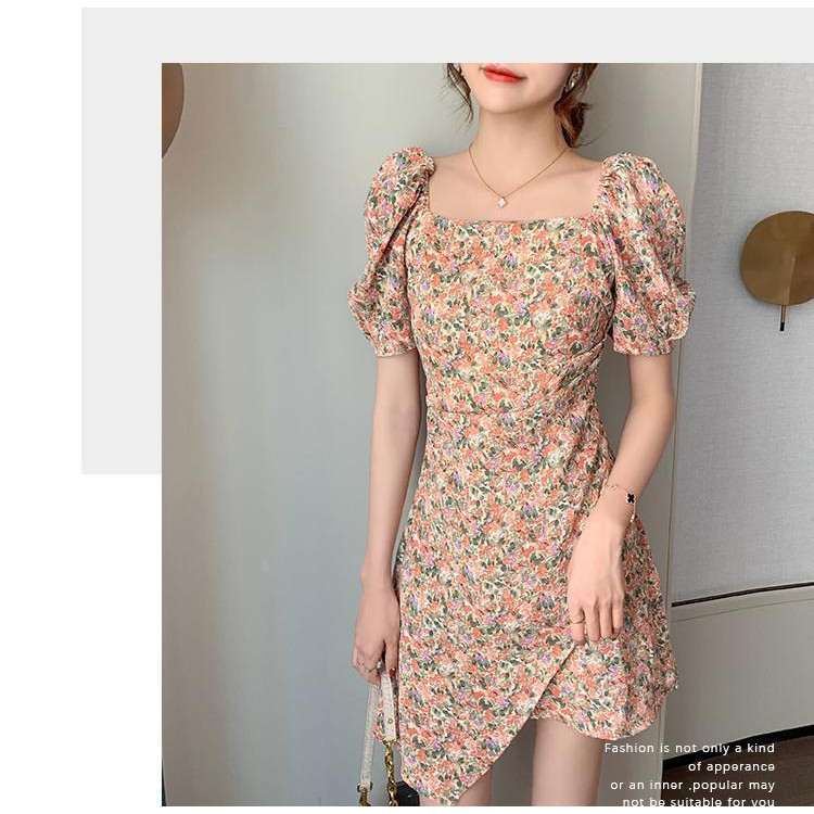 French bubble sleeves square collar floral dress waist show small irregular skirt | BigBuy360 - bigbuy360.vn