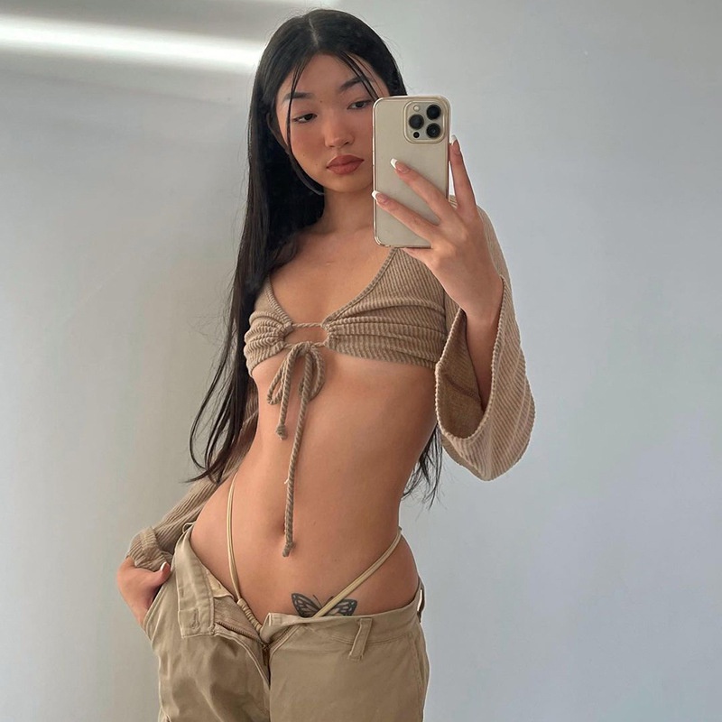 DUNEA Áo thun tay dài cổ khoét sâu thiết kế quyến rũ thời trang cho nữ