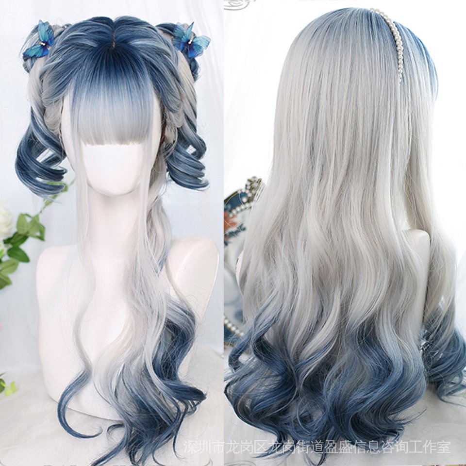 Bộ Tóc Giả Xoăn Dài Nhuộm Ombre Tím Hồng Phong Cách Lolita
