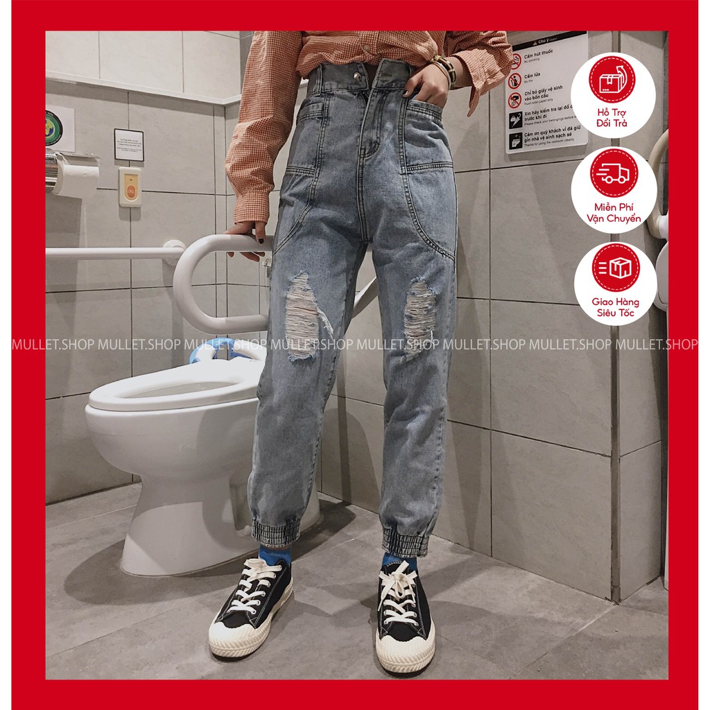 Quần Jeans Nữ Cạp Cao Dáng Jogger Bo Gấu Rách Siêu Hot