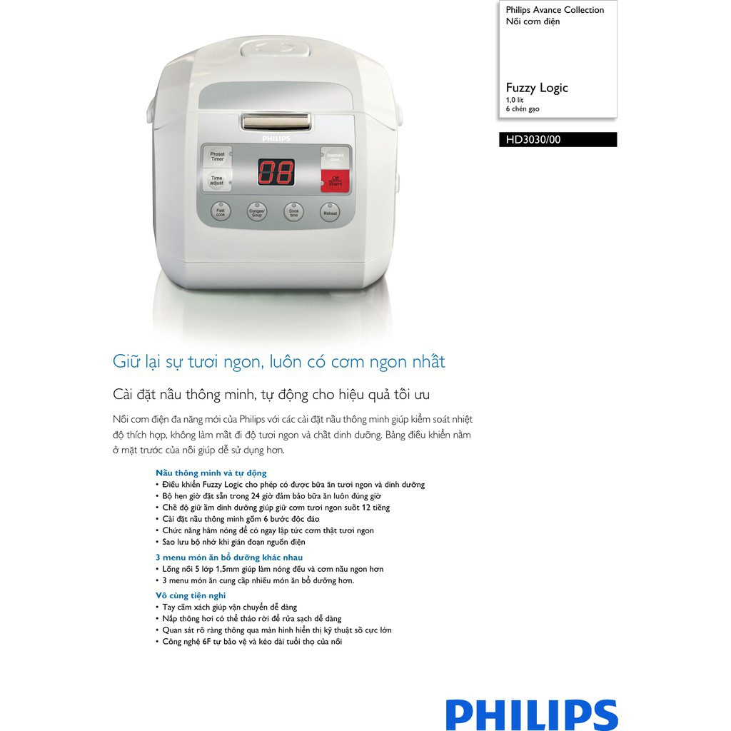 [Chính hãng - Bảo hành 2 năm] Nồi Cơm Điện Từ Philips HD3030 1 lít