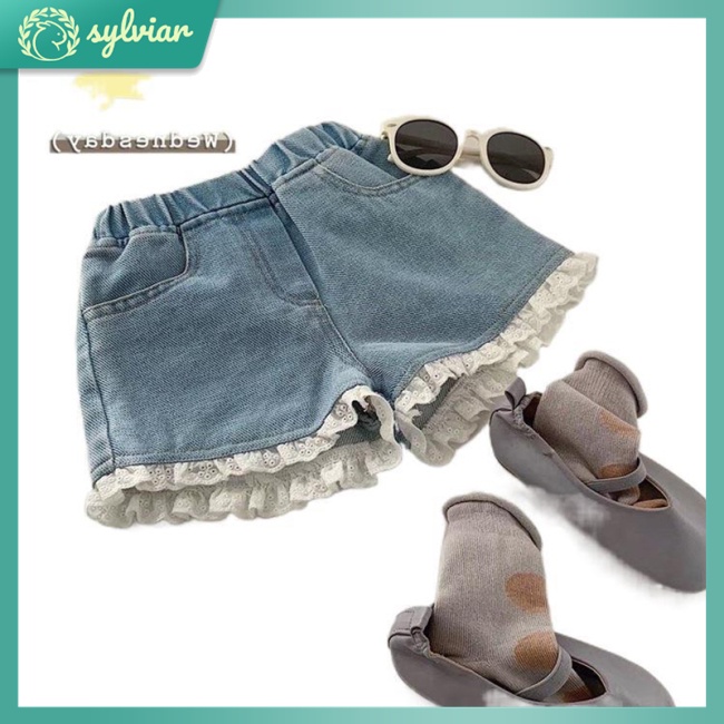 Quần Short Denim Viền Ren Lưng Vừa Thời Trang Mùa Hè Cho Nữ