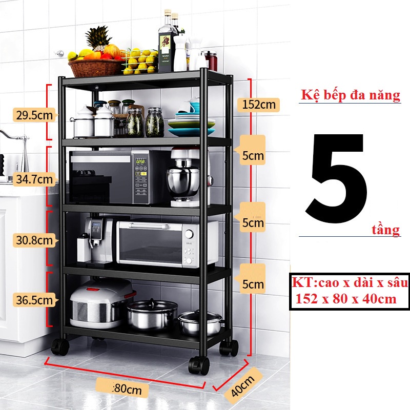 Giá Kệ Bếp Đa Năng Lò Vi Sóng -Kệ Bếp 3-4-5 Tầng Bằng Thép Sơn Tĩnh Điện Có Bánh Xe