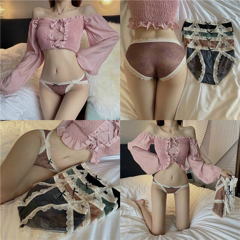 Quần lót nữ ren lụa vân gấm tiểu thư KIMCHIBIKINI đồ chip thun lạnh sexy quyến rũ thoáng mát gợi cảm QL163
