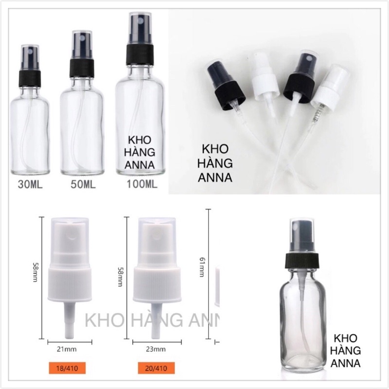 COMBO 5 chai thủy tinh Trong suốt Đựng tinh dầu 10ml/ 20ml/ 30ml/ 50ml/ 100ml- Chai Nắp xịt sương/ bóp xịt giọt/ nắp Đen