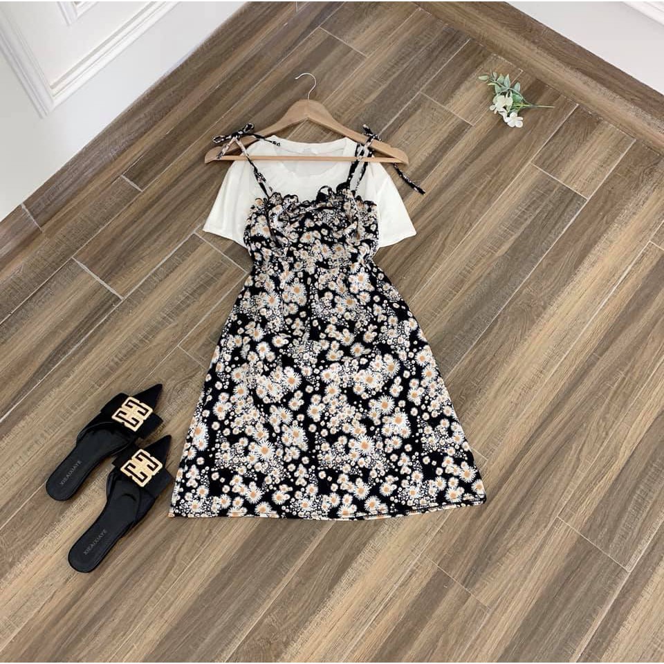 Set yếm 2 món hoa cúc xếp ly ngực. Áo cotton lụa 4c váy yếm đũi lụa. | BigBuy360 - bigbuy360.vn