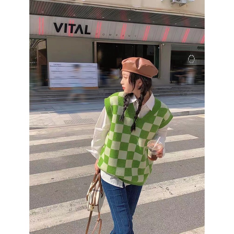 Áo len dệt kim không tay kẻ ô màu sắc cá tính | BigBuy360 - bigbuy360.vn