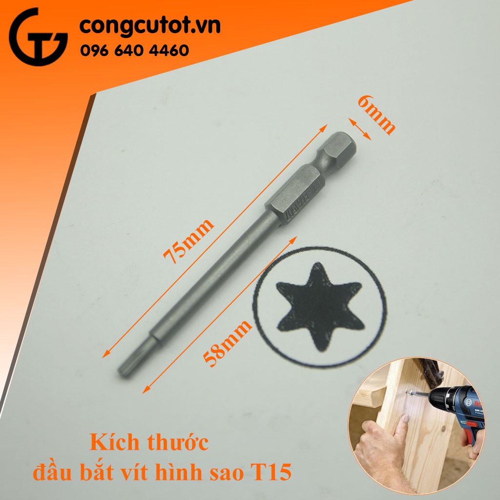 Đầu bắt vít hình sao 75mm chuôi lục