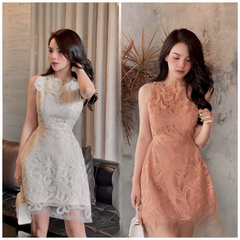 ĐẦM REN SÁT NÁCH KÈM HOA HẠT CƯỜM NƠ 3 MÀU - CHẤT REN CAO CẤP - MÀU CAM /  TRẮNG / ĐEN alohashop91