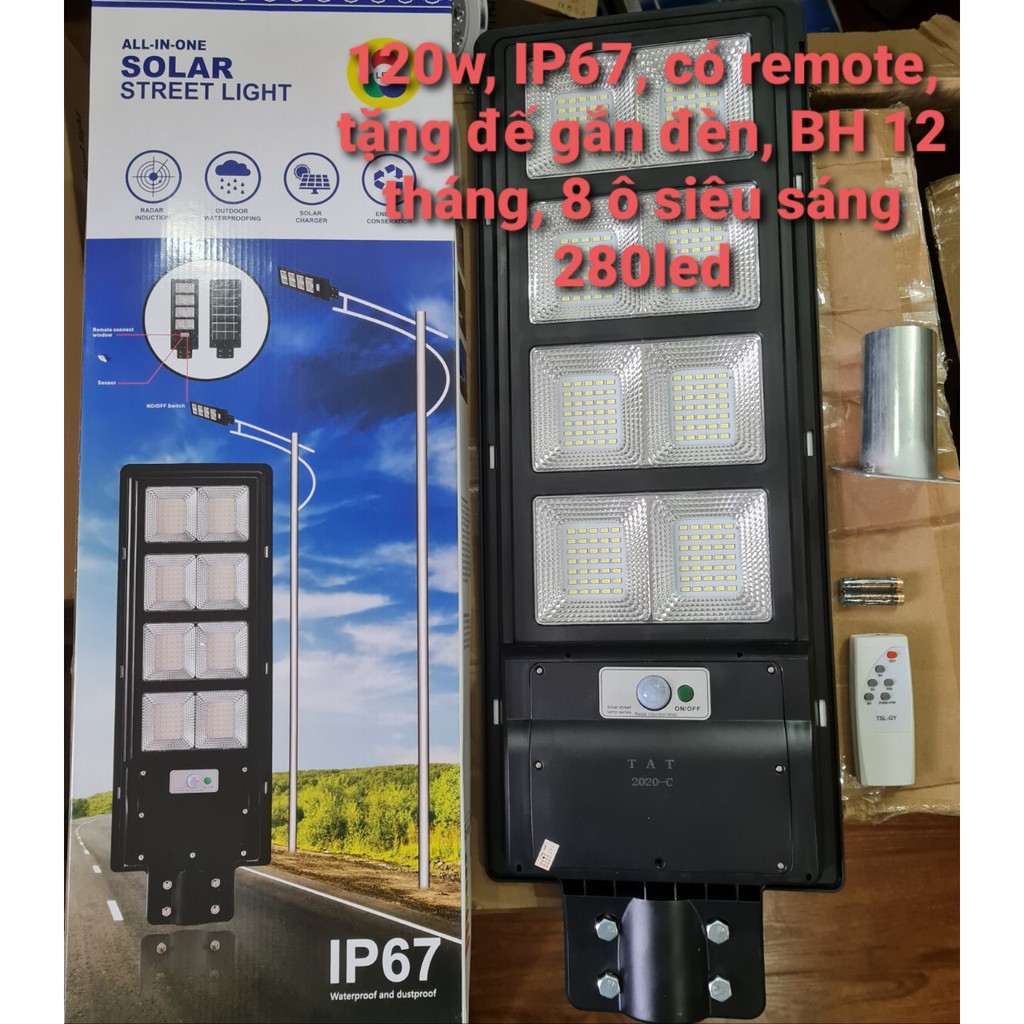 Có REMOTE + Tặng cần - Đèn năng lượng mặt trời liền thể công suất 120w  - Bảo hành 12 tháng