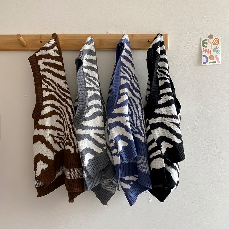 Áo dệt kim sát nách dáng rộng họa tiết ngựa vằn thời trang mùa thu