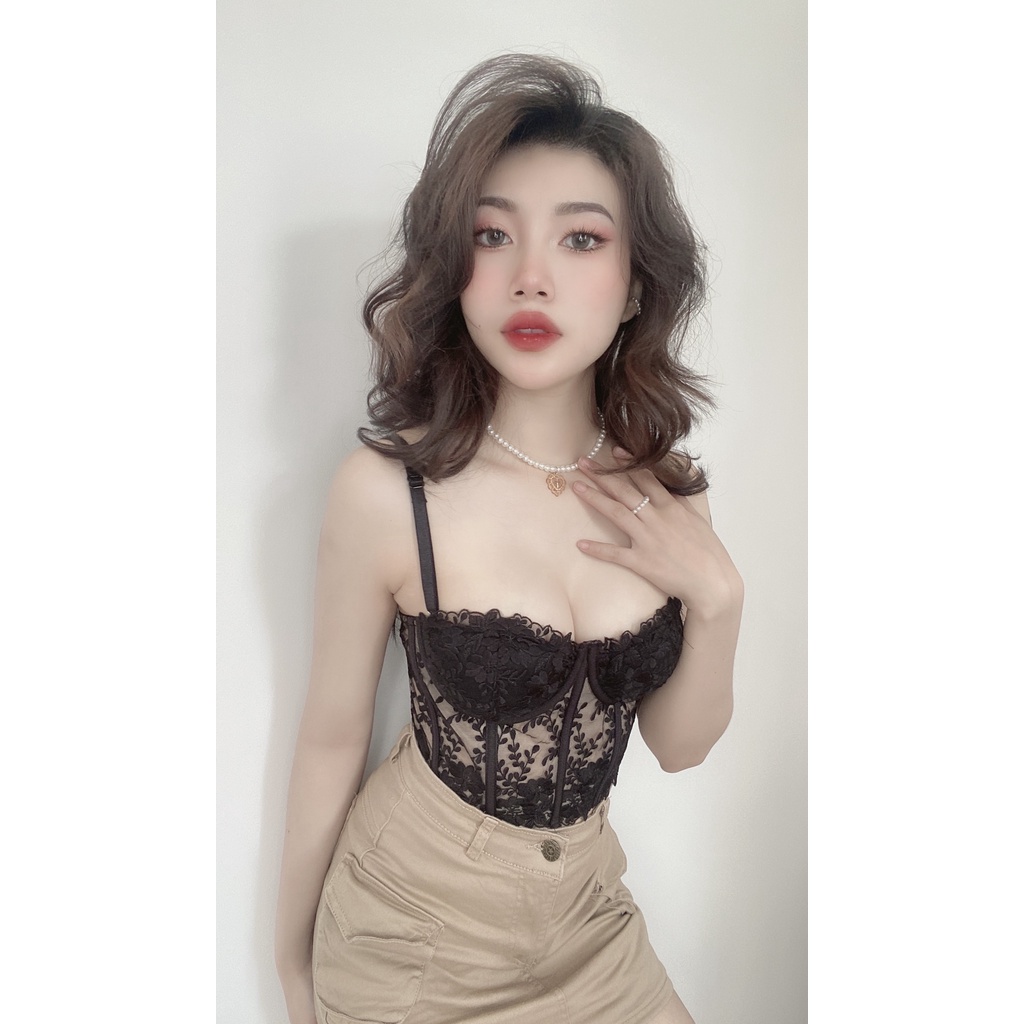 Áo corset / Áo croptop ren thêu hoa có gọng và mút