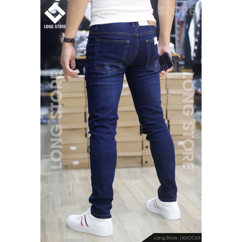 Quần jean nam xước cao cấp ống đứng dáng ôm skinny màu xanh đậm chất bò co giãn LONGSTORE Xuoc63 | BigBuy360 - bigbuy360.vn