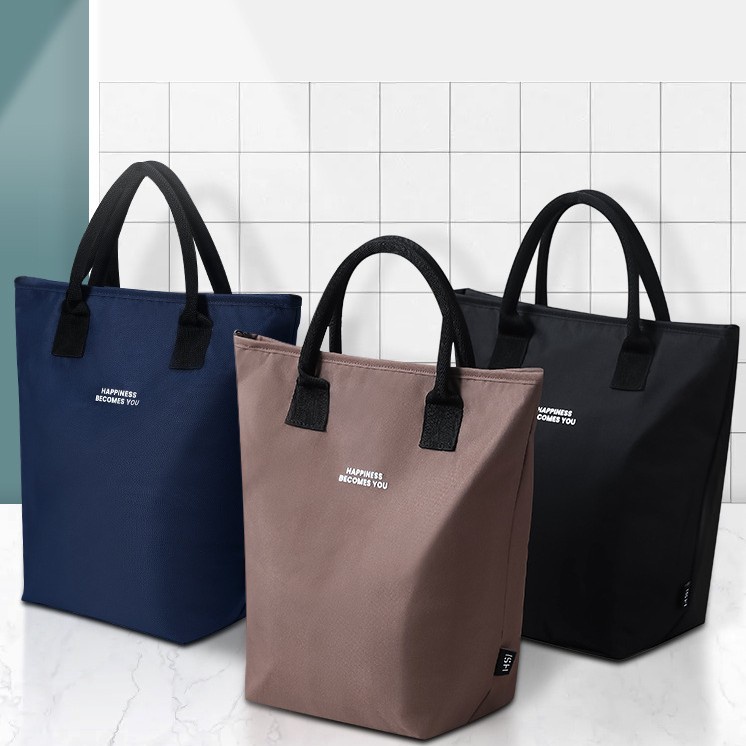 Túi đựng cơm cao cấp HAPPINESS BECOMES YOU- 2 ngăn- 3 lớp- lót nhôm giữ nhiệt, túi đựng thức ăn giữ nhiệt chống thấm