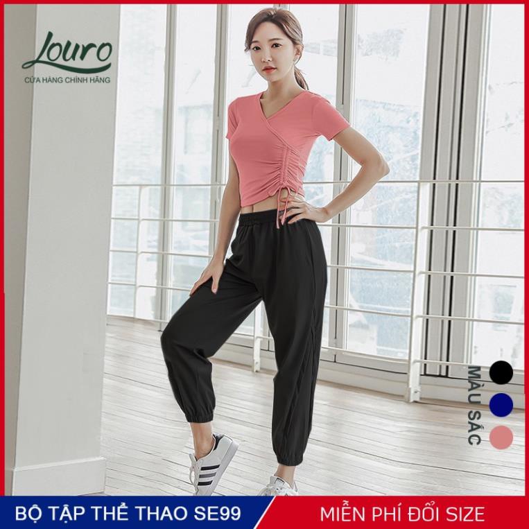 Quần áo tập gym Louro, kiểu bộ đồ tập gym nữ gồm quần jogger phối lưới và áo croptop chun eo, co giãn 4 chiều - SE99 Đẹp