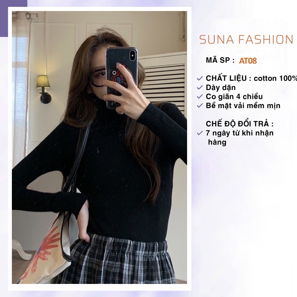 Áo thun nữ tay dài cổ cao len tăm, Áo phông nữ thu đông dài tay cổ lọ 40-58kg SUNA FASHION