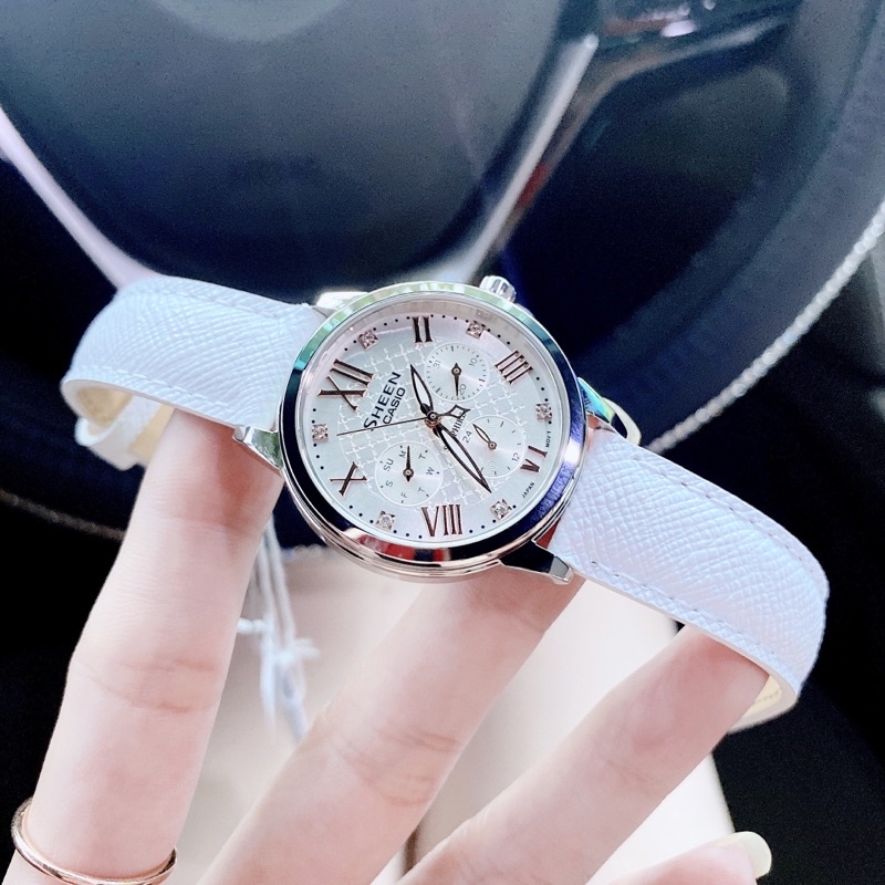 ĐỒNG HỒ NỮ CHÍNH HÃNG CASIO SHEEN SHE-3511L-7A cao cấp, kết hợp vỏ thép không gỉ dây da trắng.