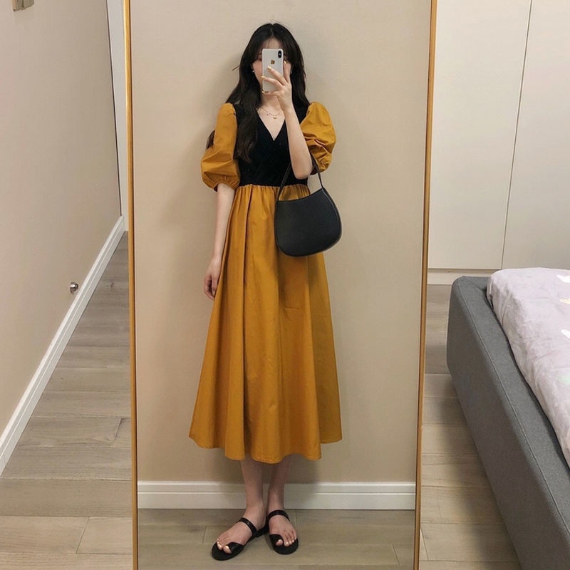 Đầm Dài Phối Màu Tương Phản Giả Hai Mảnh Phong Cách Hàn Quốc Thời Trang Mùa Hè 2022