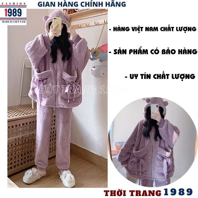 Bộ đồ mặc nhà lông cừu ấm áp nơ túi 2 mầu tím hồng ,bộ ngủ lông gấu nữ kute dễ thương -PHƯƠNG 1989