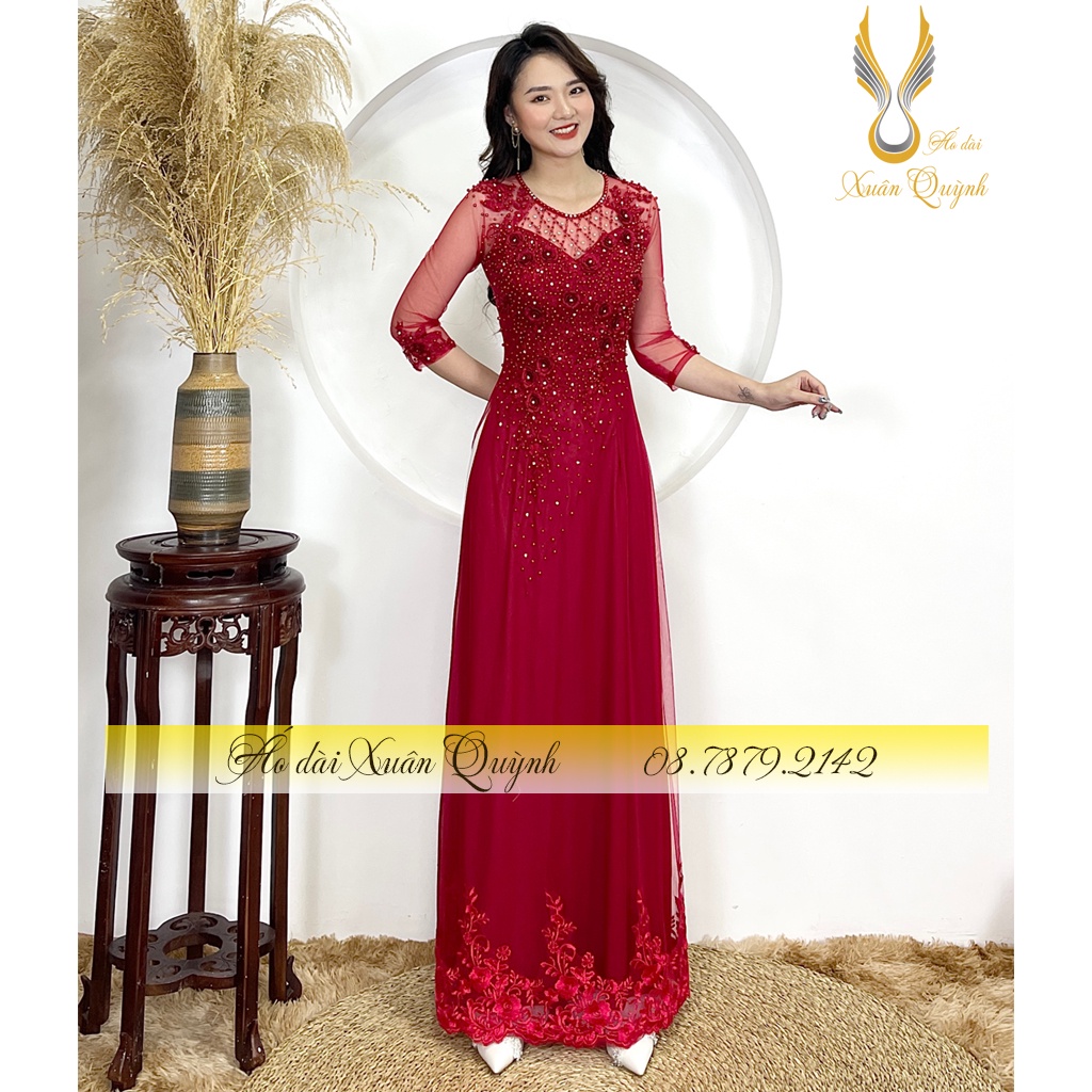 Áo Dài Đám Cưới, Sui Gia Đính Đá Pha Lê Màu Đỏ Đô, Hoa Thêu Thủ Công 4 Tà M03 - Áo Dài Xuân Quỳnh