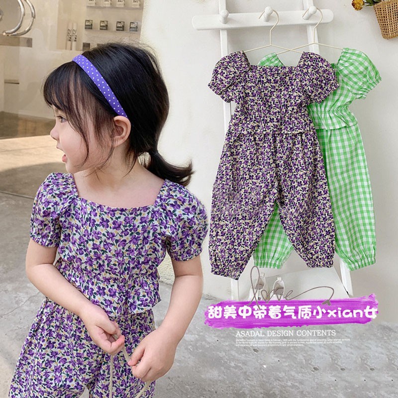 Set Áo Ngắn Tay Cổ Chữ U In Hoa + Quần Dài Cho Bé Gái