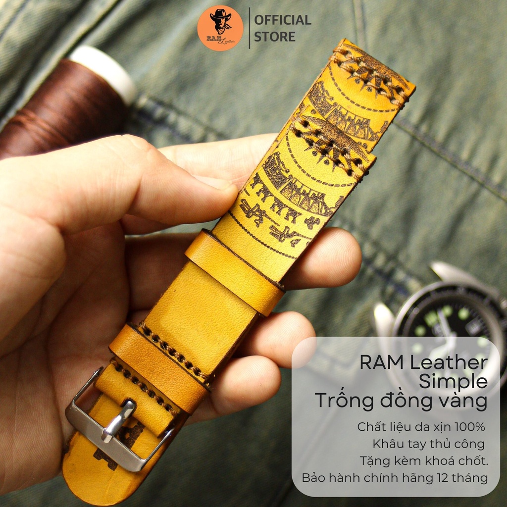 Dây Đồng Hồ Da Bò Vegtan Ý – RAM Simple Trống Đồng Vàng