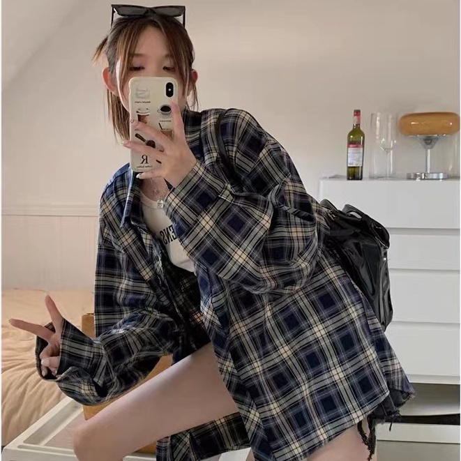 Áo Sơ Mi Nữ Dài Tay Sọc Caro Form Rộng Thời Trang Mới