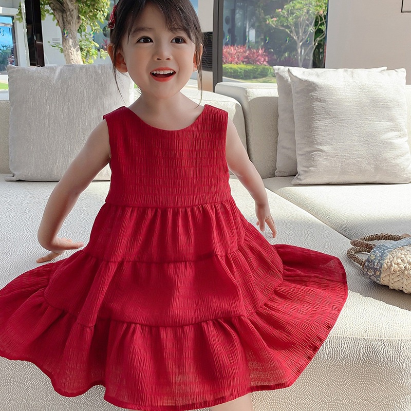 Đầm Công Chúa Mùa Hè Không Tay Hở Lưng Màu Trơn Cho Bé Gái Se7En
