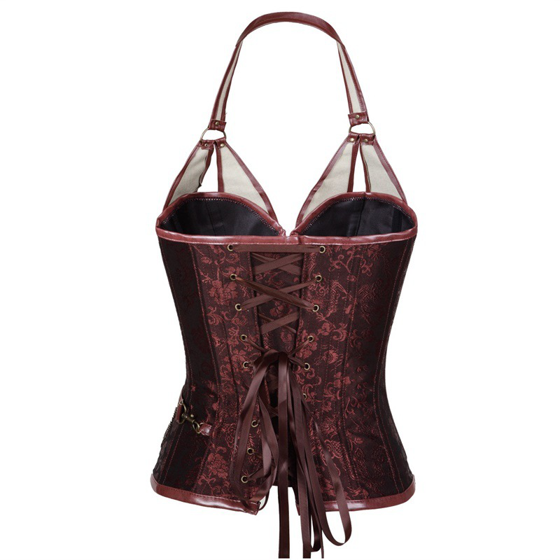 Brown 4-steel bone leather corset with belt halter corset