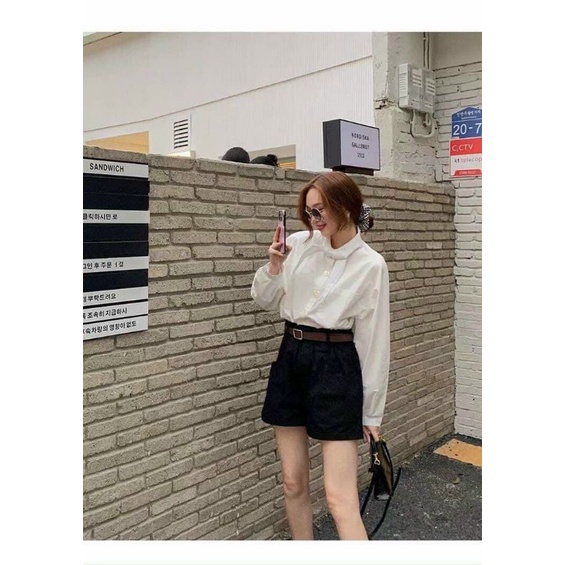 quần đùi nữ vải kaki mềm kèm đai cạp khóa lưng cao