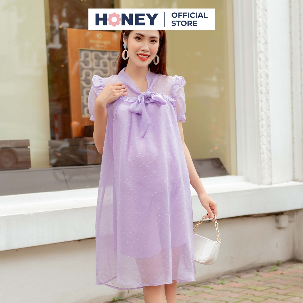 Váy bầu dáng suông cổ nơ cách điệu chất liệu voan lưới cao cấp, nhiều size - Thời trang đầm bầu cao cấp HONEY