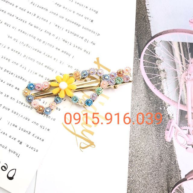 Kẹp tóc hoa cườm màu sắc, Cặp Tóc Đính Đá Màu Nhân Tạo