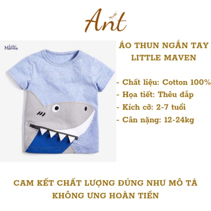 Áo Thun Bé Trai, Áo Cộc Tay Little Maven Chất Cotton 100% Mềm Mát Cho Bé 12-24kg Từ 2-7 Tuổi Thêu Đắp Cá Mập