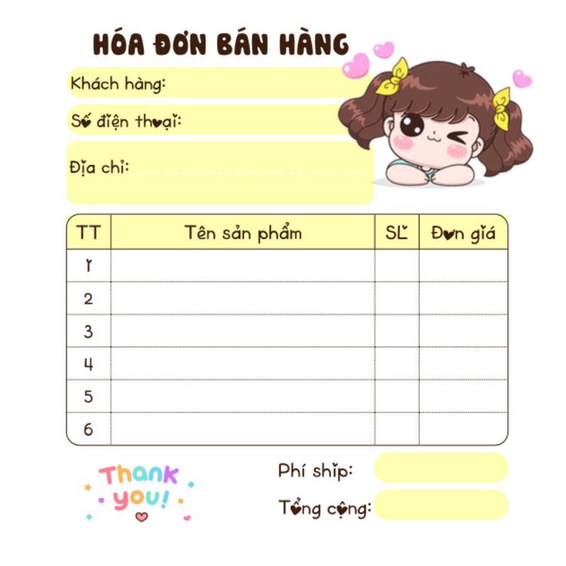 [MUA 10 TẶNG 1] Hoá đơn bán hàng 1 liên dễ thương