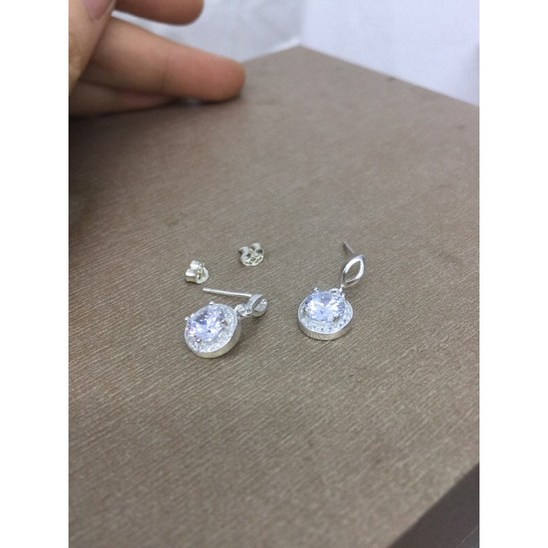 Khuyên tai nụ lá thả đá tròn nhân tạo 5-6li viền bạc thật NGỌC MẬU