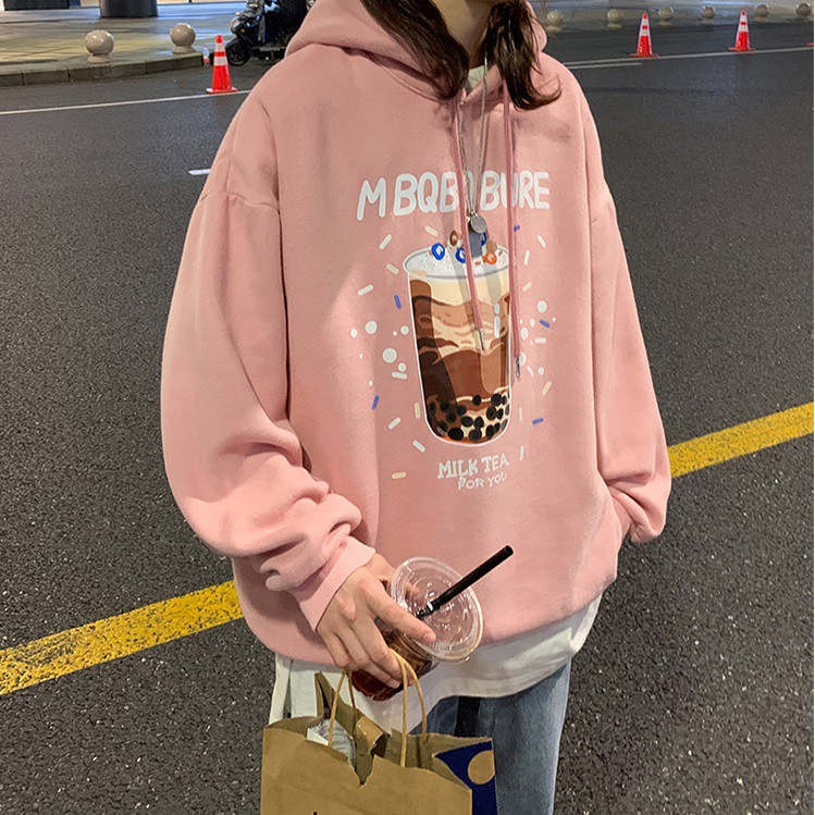 Áo khoác HOODIE MILK TEA, chui đầu form rộng tay phồng có nón Hàn Quốc nam nữ VIVU123STORE   HOD006