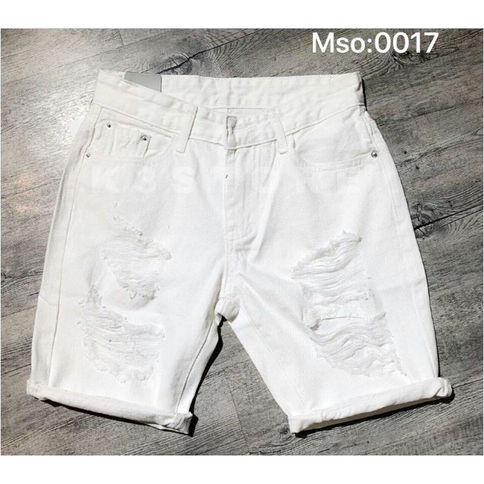 Quần short jean nam cao cấp trắng rách bụi bặm MS017