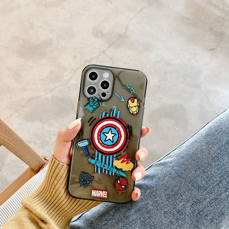 iron Man and Captain America Cartoon Side Pattern Black and Transparent TPU Phone Case For iPhone 12 mini 11 Pro XS Max X XS XR Soft Back Cover Shockproof Fashion Cover for iPhone 12Pro 7 8 7plus