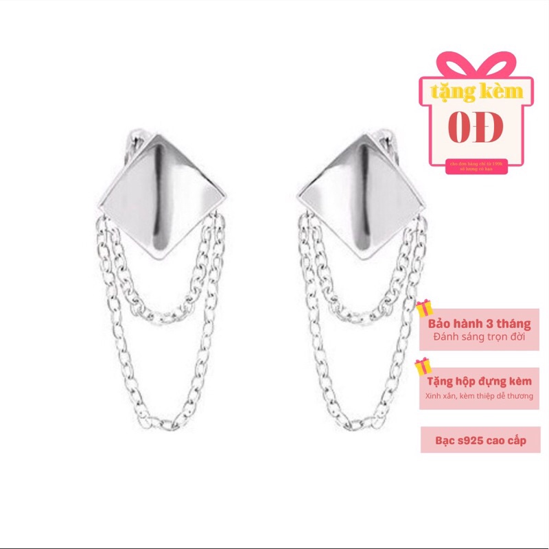 Khuyên tai bạc 925 hình thoi thả xích đôi dạng bấm trẻ trung độc đáo Dế Bạc - K5958